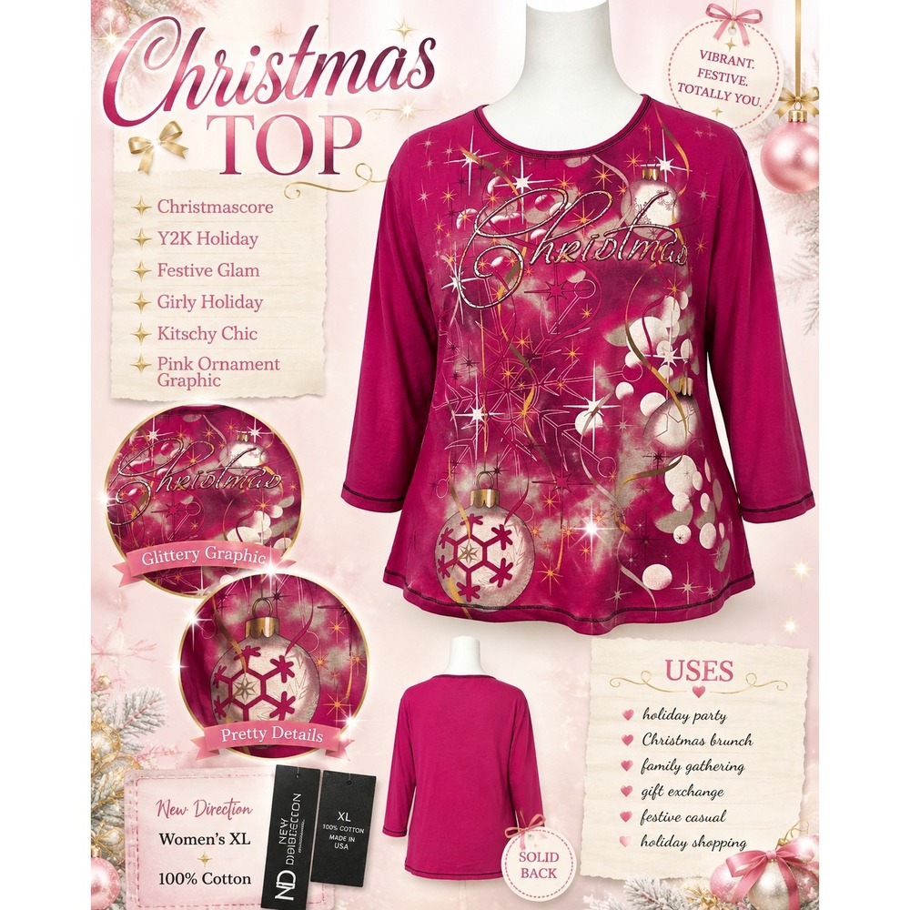Top Pink Christmas Graphic Womens XL Ornament Rhinestone 3 4 Sleeve Y2K Holiday